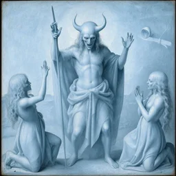 using pale blue colors, evoke a sense of resolution and place the subject in hell. try an early netherlandish style.