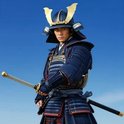 highly detailed beautiful photography of a samurai, sharp focus, dynamic lighting, elegant, harmony, beauty, masterpiece, by roberto ferry, illustration, blue background