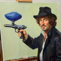 bob ross painting a canvas with a paintball gun
