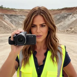 photo, close up, sofia vergara in a hi vis vest, in dusty open pit mine, android cameraphone, 2 6 mm,