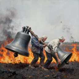 decollage painting struggling old men dragging huge bells across the blazing field and ashes flying in the air by adrian ghenie and takato yamamoto and edward hopper and mark ryden and tsutomu nihei, part by bridget riley, acrylic pour and splashing paint, very coherent, baroque elements, perfect anatomy, intricate design. pop art.