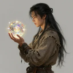 side profile of a man with long black hair in brown rags holding a magical orb, fantasy, intricate, sharp focus, lens flare, bloom, illustration, highly detailed, digital painting, concept art, matte, art by ruan jia and wlop and greg rutkowski, masterpiece