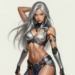woman ; silver hair ; white eyes ; himalayan belly dancer, sci - fi, cyberpunk clothing ; drawn by mengo yokoyari and artgerm ; digital art ; high detail ; trending on artstation ; realistic