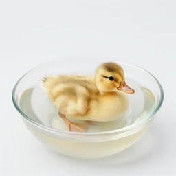 cute duckling swimming in a small bowl of water, photography, minimalistic, 8 k