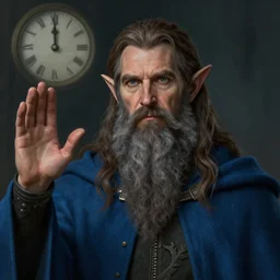 portrait of a middle - aged elf with a long beard, dressed in a blue cloak, brown - grey hair, raised hand, clock iconography, detailed face, fantasy, highly detailed, cinematic lighting, digital art painting by greg rutkowski