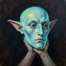 hobgoblin holding decapitated head, blood drops, elegant, highly detailed, luminescent oil painting, artstation, by picasso 8 k