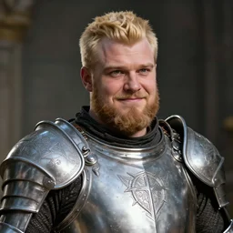 portrait, fantasy beardless plump cleric with no beard, young adult, short in stature, no beard, short blonde hair comb over hairstyle, silver breastplate with religious engravings, clean shaven, stressed expression, green eyes, slightly smirking, style by donato giancola, wayne reynolds, jeff easley dramatic light, high detail, cinematic lighting, artstation, dungeons and dragons