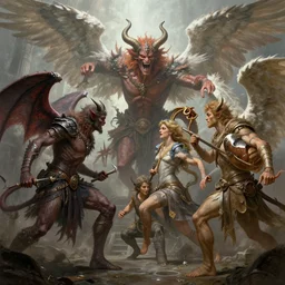concept art, a beautiful highly detailed battle of demons and angels, realistic shaded lighting poster by ilya kuvshinov, magali villeneuve, artgerm, jeremy lipkin and michael garmash and rob rey