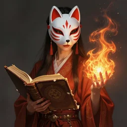 gorgeous!!! hyper - realstic sorceress with a kitsune mask, holding a tattered magical book, casting a flame spell | drawn by wlop, drawn by jeehyung lee, drawn by artgerm | fantasy, dark, intricate, highly detailed, digital painting, character design, concept art, illustration, artstation