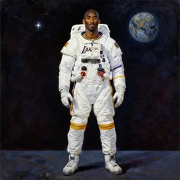 full body portrait of kobe bryant in space 1 9 6 9, in full los angeles lakers astronaut uniform, oil on canvas by william sidney mount, trending on artstation