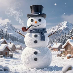 a a full body portrait of a giant snowman with button eyes and a button smile, wearing a top hat, and smoking a pipe, in the middle of a village in the snow, dynamic lighting, photorealistic fantasy concept art, trending on art station, stunning visuals, creative, cinematic, ultra detailed