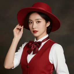 a lady with red vest, red hat and bowtie posing