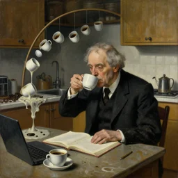 a painting of a old and dusty professor in black suit drinking ten cups of coffee in five seconds to study thedroste effect, harsh monday mood in a kitchen that is slowly melting, styled and painted by rene magritte