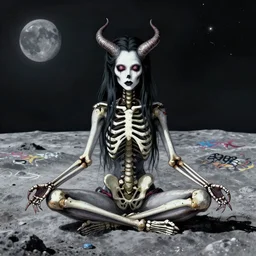 in the style of artgerm and joshua middleton, full body, beautiful demon skeleton queen, meditating on the lunar surface, graffiti, highly detailed