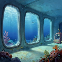 3 5 mm footage of an underwater habitat, deep sea, incredible illustration by moebius, large windows to the ocean world, luminescent giant jellyfish, 1 9 6 0 s retro futuristic furniture, incredible lighting and atmosphere