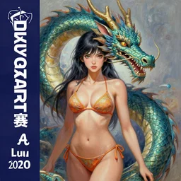 a woman in a bikini with a dragon on her head, a detailed painting by lu ji, deviantart contest winner, fantasy art, detailed painting, artstation hd, anime