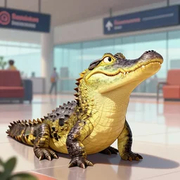 curious indian gharial sitting at the airport, artstation, colorful