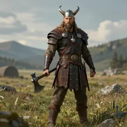 Viking warrior standing on a field with his axe in his hand, detailed digital art, realistic, trending on artstation