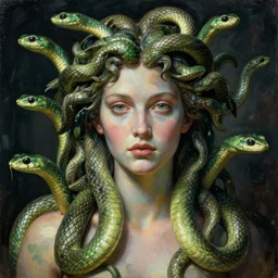 portrait of medusa with many green snakes by greg rutkowski in the style of egon schiele