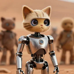 film still from the movie chappie of the robot chappie shiny metal outdoor planet mars scene bokeh depth of field several figures furry anthro anthropomorphic stylized cat ears head android service droid robot machine fursona