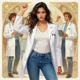 sensual good looking pale young indian doctors wearing jeans in celebrating after passing an exam, portrait, elegant, intricate, digital painting, artstation, concept art, smooth, sharp focus, illustration, art by artgerm and greg rutkowski and alphonse mucha