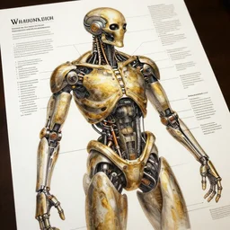 highly detailed labeled medical anatomy poster of a robotic abomination, poster paper with notes, well - lit, ray tracing, detailed, mechanism, forbidden - knowledge, intricate details, gold and silver ink