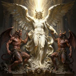 a detailed sculpture of god of light crushing satan underfoot, angel, demon, by and justin gerard, digital art, monstrous, art nouveau, baroque style, realistic painting, very detailed, fantasy, dnd, character design, top down lighting, trending on artstation