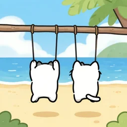 2 cats friends hanging at the beach, cartoon style