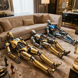 3 shiny golden and blue metallic futuristic steampunk humanoid robots sleeping on the floor and sofa in a luxury hotel room with empty bottles all over the floor, pressphoto, dawn light, insanely detailed, wide shot