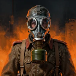 portrait of futuristic world war 1 russian soldier with gas mask, dark night background, orange and black colors, high details, dripping paint, greg rutkowski, craig mullins, ash thorpe, fibonacci rhythm ar