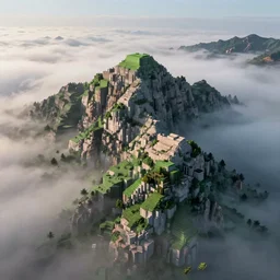 “ aerial view of a mountain, fog on the ground, voxel, sharp lines ”