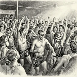 the messiest rave you've ever been to, hyper detailed photorealistic pencil drawing of a large group of people dancing at a rave