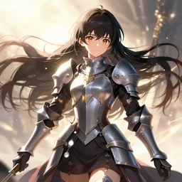 beautiful female knight with sunlight and magic around her, dark flowing hair, anime key visual, absurdly beautiful, highly detailed, sharp focus, concept art, granblue fantasy, anime by serafleur / d pin / rongzhen luo / mingdosa / ruan jia / gemi ningen