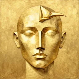 gold, gold by lise deharme geometric. a beautiful drawing of a human face with a bird's beak protruding from the forehead.