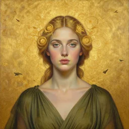 epic painting, full figure portrait of beautiful goddess face wearing olive dress, drawing, photography by amy leibowitz, wlop, jeremy lipkin, beeple, intricate golden fractals, team leaves flying in the sky, symmetrical front portrait, artgerm, golden glowing background