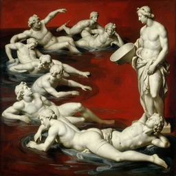 a beautiful painting of a group of white human stone statues swimming, oil paint, classic art, 1 6 century style, volume light, in the style of beksinski, parts by edward hopper, parts by rodcenko, parts by yue minjun, diego velazquez, intricate and epic composition, red by caravaggio, insanely quality, highly detailed,