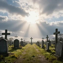 photograph of a portal portal to bright heaven in a graveyard graveyard, crosses, cinematic, tyndall effect, sunlight, god rays, global illumination, hypermaximalist, detailed, landscape 4k, 8k, breathtaking stars, surrealism, distant, concept art, digital art, sharp focus, mystic hues, acid pixie, RTX, octane render, Trending on DeviantArt, by lee madgwick and thomas kinkade