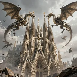 cathedral made of bones, dragons fighting in the air, hellscape by beeple