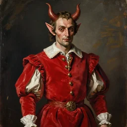Stunning and highly detailed painting of the devil in human disguise wearing a red doublet