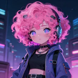 zoom - out, a grungy cyberpunk anime, very cute, by super ss, cyberpunk fashion, curly pink hair, night sky by wlop, james jean, victo ngai, highly detailed