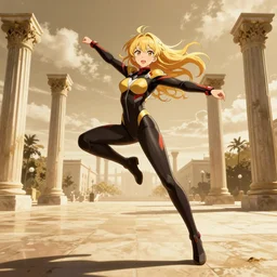 blonde - haired princess, anime princess, wearing skinsuit, action pose, parkour, plaza, greco - roman pillars, golden hour, partly cloudy sky, sepia sun, strong lighting, strong shadows, vivid hues, ultra - realistic, sharp details, subsurface scattering, intricate details, hd anime, 2 0 1 9 anime