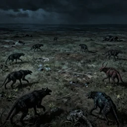 many vicious but distant creatures roaming around an open plain, seen from a high vantage point, the sheer terror in the wilderness, nocturnal dramatic apocalyptical lighting, in the style of joan miro
