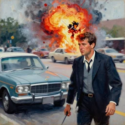 jfk in car being shot, dallas, lee harvey oswald, assassination, exploding head, painting by phil hale, fransico goya,'action lines '!!!, graphic style, visible brushstrokes, motion blur, blurry, visible paint texture, crisp hd image
