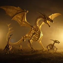 skeletal remains of a dragon at night, 4 k, photorealistic, golden light, volumetric, foggy