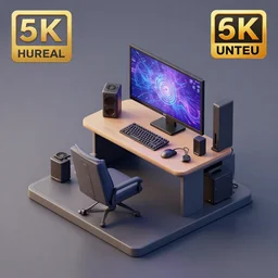Isometric 3D model of a gaming setup, highly detailed, Unreal Engine, Blender, 4K