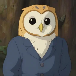 anthropomorphic barn owl wearing a suit Studio Ghibli