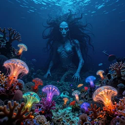 nightmare of the deep ocean by zdzisław beksinski, ed binkley, and wayne barlow, bioluminescent, coral reef, ai biodiversity, ernst haeckel, vibrant colors, photorealistic ultrasharp hyperdetailed octane render, psychedelic