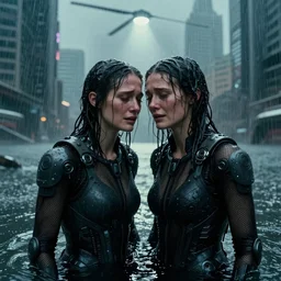 cinestill 5 0 d candid photographic portrait by stanley kubrick of two loving female androids sobbing wearing rugged black mesh techwear in treacherous waters, flooded city, long shot, retrofuturism cyberpunk moody emotional cinematic, pouring iridescent rain bright spotlight helicopter, 8 k, hd, high resolution, 3 5 mm, f / 3 2, ultra realistic faces, ex machina