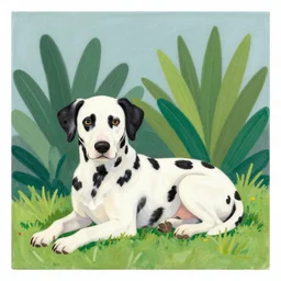 illustration of a dalmata dog resting between plants by shusei nagaoka kaws, david rudnick, airbrush on canvas, pastell colors, cell shaded