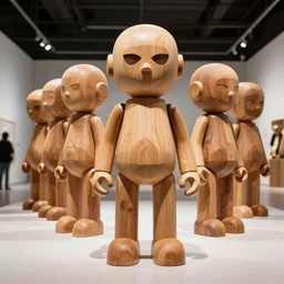 8 k octan, highly detailed, photo, a totally wooden figurine collectible art toys wooden on feet, funny very concept car, a contemporary art gallery, symmetrical, masterpiece of art,, design showroom, dealership, indoor display, convention, exhibition cyberpunk